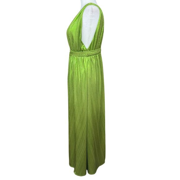 NEW Sincerely Jules Womens L Green Metallic Deep Neck Shiny Pleated Gown Stretch - Picture 5 of 16